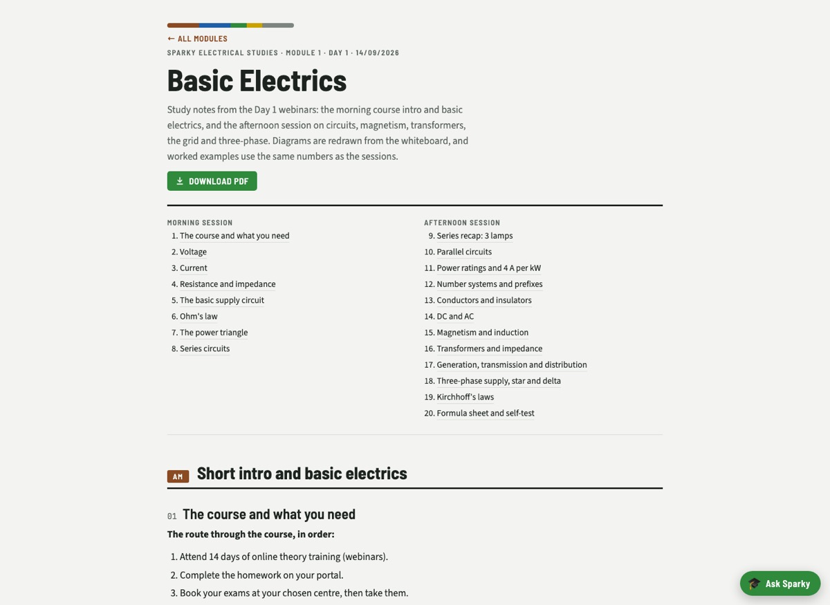 A Sparky Study Notes day page: Basic Electrics, with a twenty-point contents list split across morning and afternoon sessions.