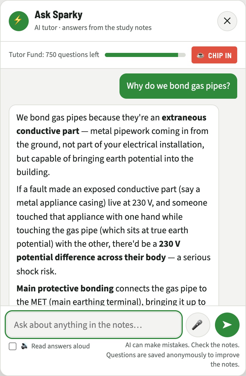 The Ask Sparky tutor answering the question "why do we bond gas pipes?" with an explanation of extraneous conductive parts and touch voltage.